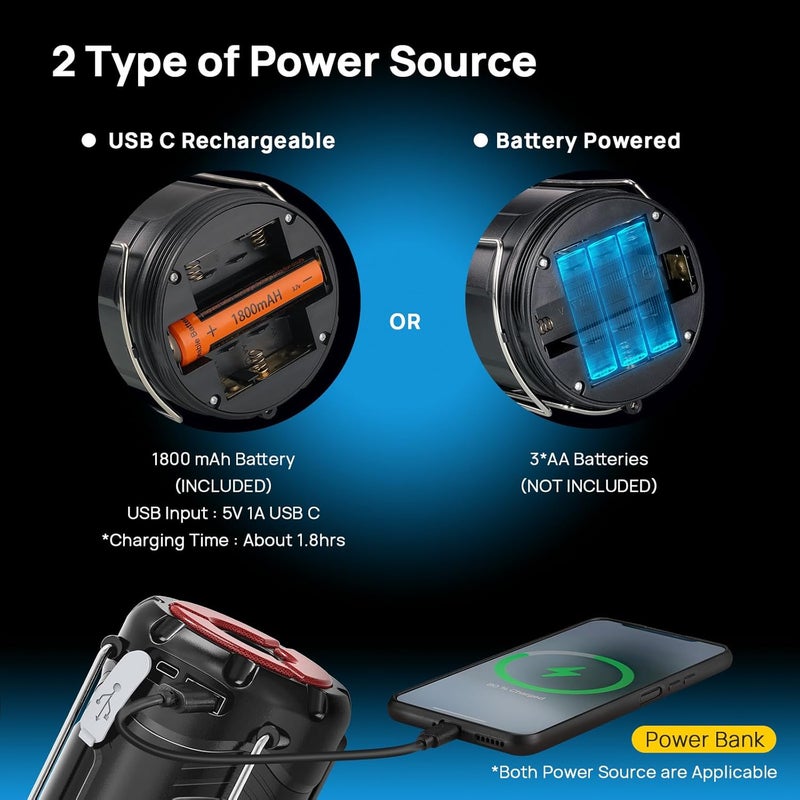 Consciot 2 Pack Collapsible LED Camping Lantern, USB C Rechargeable and Battery Powered 2-in-1 Emergency Light with Flashlight and Magnetic Base, Power Outages Hurricane Supplies Survival Kits,Black - Image 2